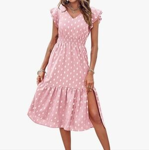 NWT Kirundo Summer Polka Dot Pink Midi Dress With Ruffle Sleeve Size Large